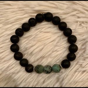 Men’s blk lava beads w/raw mint green beads & silv